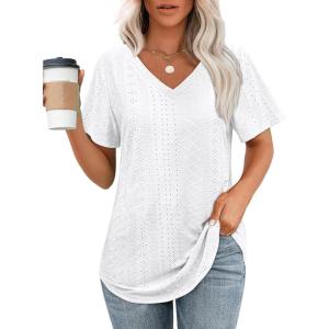 imageOFEEFAN Womens T Shirts V Neck Short Sleeve Casual Tops Loose Fit Basic Tees with Curved HemWhite