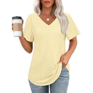 imageOFEEFAN Womens T Shirts V Neck Short Sleeve Casual Tops Loose Fit Basic Tees with Curved HemYellow