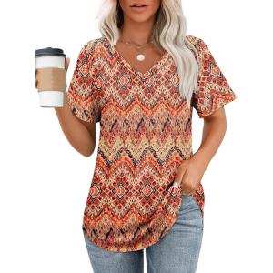 imageOFEEFAN Womens T Shirts V Neck Short Sleeve Casual Tops Loose Fit Basic Tees with Curved HemZboho Floral