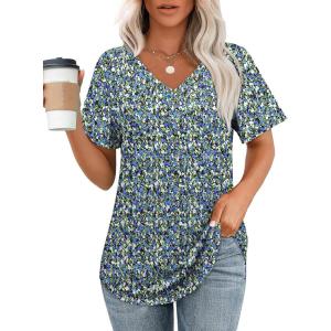 imageOFEEFAN Womens T Shirts V Neck Short Sleeve Casual Tops Loose Fit Basic Tees with Curved HemZfloral Blue
