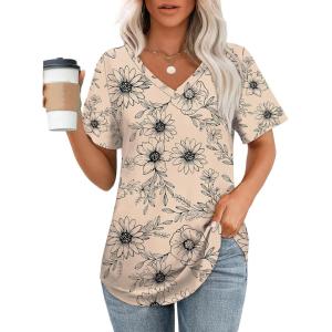 imageOFEEFAN Womens T Shirts V Neck Short Sleeve Casual Tops Loose Fit Basic Tees with Curved HemZfloral Khaki