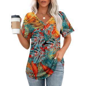imageOFEEFAN Womens T Shirts V Neck Short Sleeve Casual Tops Loose Fit Basic Tees with Curved HemZfloral Leaf