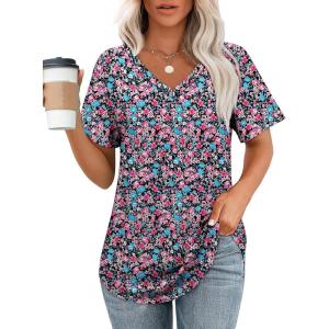 imageOFEEFAN Womens T Shirts V Neck Short Sleeve Casual Tops Loose Fit Basic Tees with Curved HemZfloral Purple