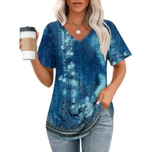 imageOFEEFAN Womens T Shirts V Neck Short Sleeve Casual Tops Loose Fit Basic Tees with Curved HemZtie Dye Blue