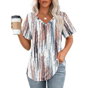 imageOFEEFAN Womens T Shirts V Neck Short Sleeve Casual Tops Loose Fit Basic Tees with Curved HemZtie Dye Brown