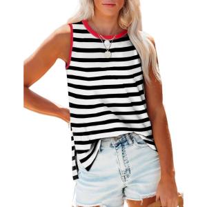 imageOFEEFAN Womens Tank Tops High Neck Summer Tops Eyelet Sleeveless Shirts Loose Fit 2025Cawhite Stripe