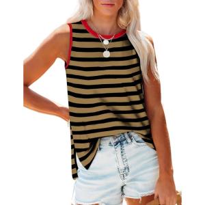 imageOFEEFAN Womens Tank Tops High Neck Summer Tops Eyelet Sleeveless Shirts Loose Fit 2025Cbkhaki Stripe