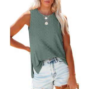 imageOFEEFAN Womens Tank Tops High Neck Summer Tops Eyelet Sleeveless Shirts Loose Fit 2025Cgreen
