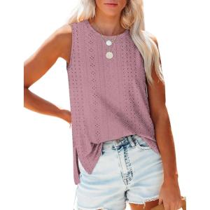 imageOFEEFAN Womens Tank Tops High Neck Summer Tops Eyelet Sleeveless Shirts Loose Fit 2025Dpink
