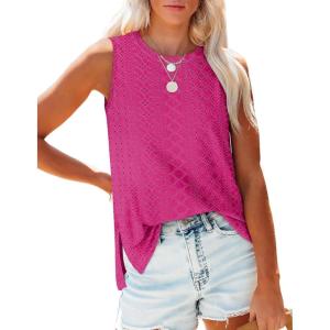 imageOFEEFAN Womens Tank Tops High Neck Summer Tops Eyelet Sleeveless Shirts Loose Fit 2025Ehot Pink