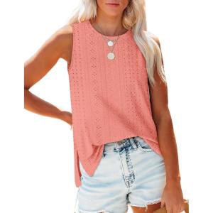 imageOFEEFAN Womens Tank Tops High Neck Summer Tops Eyelet Sleeveless Shirts Loose Fit 2025Fpeach Pink