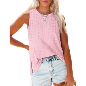 imageOFEEFAN Womens Tank Tops High Neck Summer Tops Eyelet Sleeveless Shirts Loose Fit 2025Glight Pink