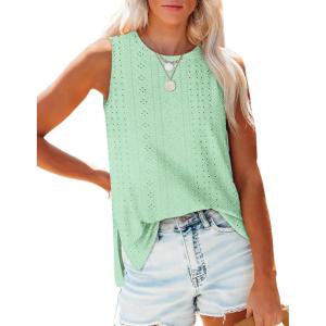 imageOFEEFAN Womens Tank Tops High Neck Summer Tops Eyelet Sleeveless Shirts Loose Fit 2025Ilake Green