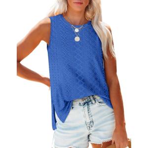 imageOFEEFAN Womens Tank Tops High Neck Summer Tops Eyelet Sleeveless Shirts Loose Fit 2025Kblue