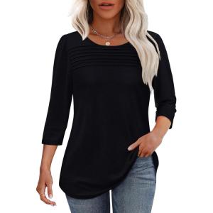 imageOFEEFAN Womens Tops 34 Length Sleeve Blouses Dressy Casual Spring Summer Outfits Pleated Front T Shirts Curved HemBlack