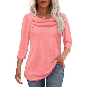 imageOFEEFAN Womens Tops 34 Length Sleeve Blouses Dressy Casual Spring Summer Outfits Pleated Front T Shirts Curved HemCoral