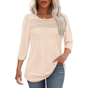 imageOFEEFAN Womens Tops 34 Length Sleeve Blouses Dressy Casual Spring Summer Outfits Pleated Front T Shirts Curved HemCream
