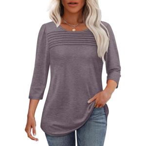 imageOFEEFAN Womens Tops 34 Length Sleeve Blouses Dressy Casual Spring Summer Outfits Pleated Front T Shirts Curved HemDark Taupe