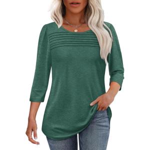 imageOFEEFAN Womens Tops 34 Length Sleeve Blouses Dressy Casual Spring Summer Outfits Pleated Front T Shirts Curved HemDeep Green