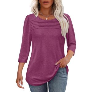 imageOFEEFAN Womens Tops 34 Length Sleeve Blouses Dressy Casual Spring Summer Outfits Pleated Front T Shirts Curved HemDusty Red