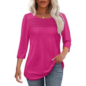 imageOFEEFAN Womens Tops 34 Length Sleeve Blouses Dressy Casual Spring Summer Outfits Pleated Front T Shirts Curved HemFushcia Pink