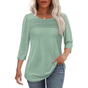 imageOFEEFAN Womens Tops 34 Length Sleeve Blouses Dressy Casual Spring Summer Outfits Pleated Front T Shirts Curved HemGreen