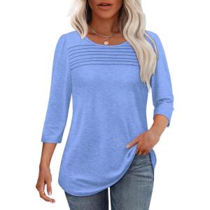 imageOFEEFAN Womens Tops 34 Length Sleeve Blouses Dressy Casual Spring Summer Outfits Pleated Front T Shirts Curved HemLight Blue