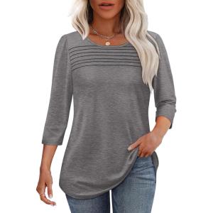 imageOFEEFAN Womens Tops 34 Length Sleeve Blouses Dressy Casual Spring Summer Outfits Pleated Front T Shirts Curved HemLight Grey