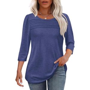 imageOFEEFAN Womens Tops 34 Length Sleeve Blouses Dressy Casual Spring Summer Outfits Pleated Front T Shirts Curved HemNavy