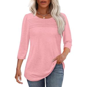 imageOFEEFAN Womens Tops 34 Length Sleeve Blouses Dressy Casual Spring Summer Outfits Pleated Front T Shirts Curved HemPink