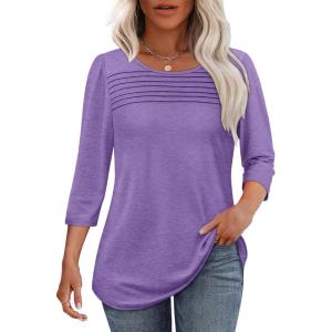 imageOFEEFAN Womens Tops 34 Length Sleeve Blouses Dressy Casual Spring Summer Outfits Pleated Front T Shirts Curved HemPurple