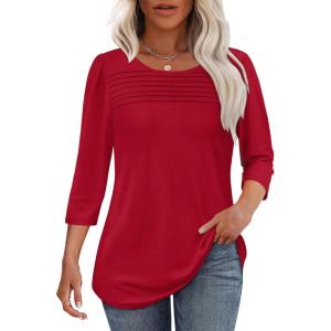 imageOFEEFAN Womens Tops 34 Length Sleeve Blouses Dressy Casual Spring Summer Outfits Pleated Front T Shirts Curved HemRed