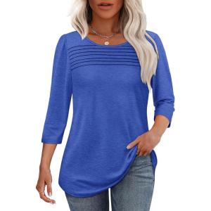 imageOFEEFAN Womens Tops 34 Length Sleeve Blouses Dressy Casual Spring Summer Outfits Pleated Front T Shirts Curved HemRoyal Blue