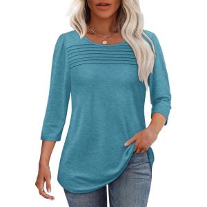 imageOFEEFAN Womens Tops 34 Length Sleeve Blouses Dressy Casual Spring Summer Outfits Pleated Front T Shirts Curved HemTurquoise