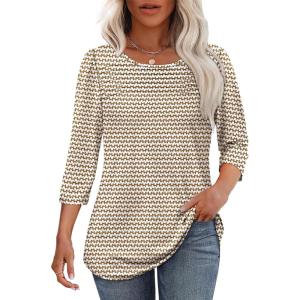 imageOFEEFAN Womens Tops 34 Length Sleeve Blouses Dressy Casual Spring Summer Outfits Pleated Front T Shirts Curved HemYbrown White