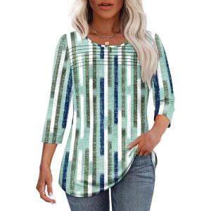 imageOFEEFAN Womens Tops 34 Length Sleeve Blouses Dressy Casual Spring Summer Outfits Pleated Front T Shirts Curved HemYgreen Stripes