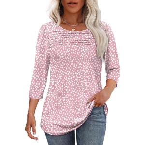 imageOFEEFAN Womens Tops 34 Length Sleeve Blouses Dressy Casual Spring Summer Outfits Pleated Front T Shirts Curved HemYpink Leopard