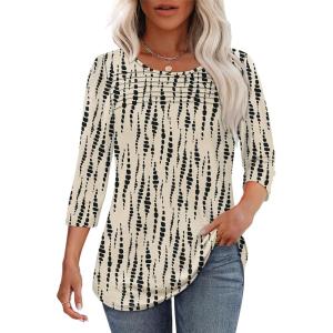 imageOFEEFAN Womens Tops 34 Length Sleeve Blouses Dressy Casual Spring Summer Outfits Pleated Front T Shirts Curved HemZbeige Black