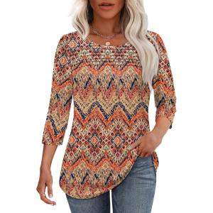 imageOFEEFAN Womens Tops 34 Length Sleeve Blouses Dressy Casual Spring Summer Outfits Pleated Front T Shirts Curved HemZboho Orange