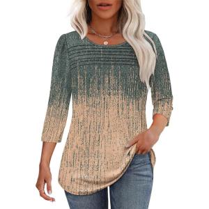 imageOFEEFAN Womens Tops 34 Length Sleeve Blouses Dressy Casual Spring Summer Outfits Pleated Front T Shirts Curved HemZcharcoal Coral