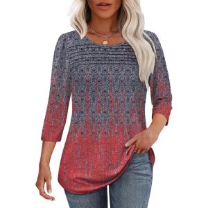 imageOFEEFAN Womens Tops 34 Length Sleeve Blouses Dressy Casual Spring Summer Outfits Pleated Front T Shirts Curved HemZcharcoal Red
