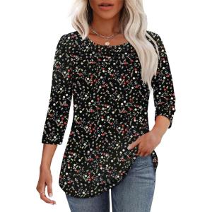 imageOFEEFAN Womens Tops 34 Length Sleeve Blouses Dressy Casual Spring Summer Outfits Pleated Front T Shirts Curved HemZfloral Black