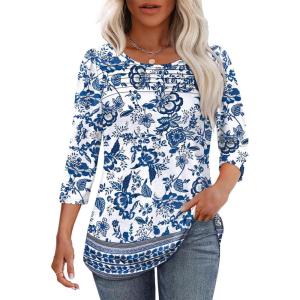 imageOFEEFAN Womens Tops 34 Length Sleeve Blouses Dressy Casual Spring Summer Outfits Pleated Front T Shirts Curved HemZfloral Bluewhite