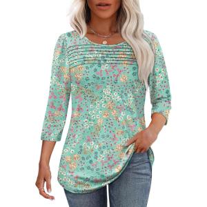 imageOFEEFAN Womens Tops 34 Length Sleeve Blouses Dressy Casual Spring Summer Outfits Pleated Front T Shirts Curved HemZfloral Green