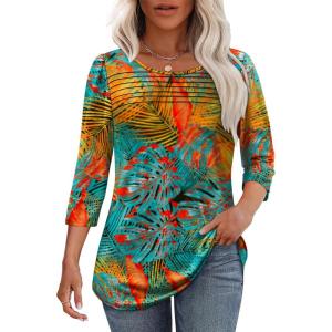 imageOFEEFAN Womens Tops 34 Length Sleeve Blouses Dressy Casual Spring Summer Outfits Pleated Front T Shirts Curved HemZfloral Palm