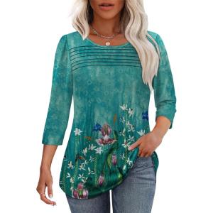 imageOFEEFAN Womens Tops 34 Length Sleeve Blouses Dressy Casual Spring Summer Outfits Pleated Front T Shirts Curved HemZfloral Teal