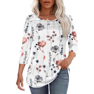 imageOFEEFAN Womens Tops 34 Length Sleeve Blouses Dressy Casual Spring Summer Outfits Pleated Front T Shirts Curved HemZfloral White