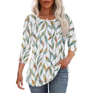 imageOFEEFAN Womens Tops 34 Length Sleeve Blouses Dressy Casual Spring Summer Outfits Pleated Front T Shirts Curved HemZleaf Prints