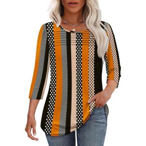 imageOFEEFAN Womens Tops 34 Length Sleeve Blouses Dressy Casual Spring Summer Outfits Pleated Front T Shirts Curved HemZstriped Dots