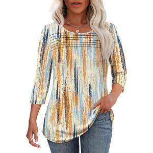 imageOFEEFAN Womens Tops 34 Length Sleeve Blouses Dressy Casual Spring Summer Outfits Pleated Front T Shirts Curved HemZtiedye Blue